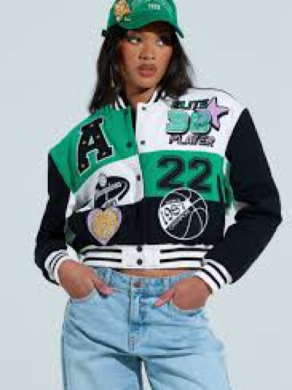 MY RULES EMBROIDERED BOMBER Cropped Patchwork Varsity Jacket - small